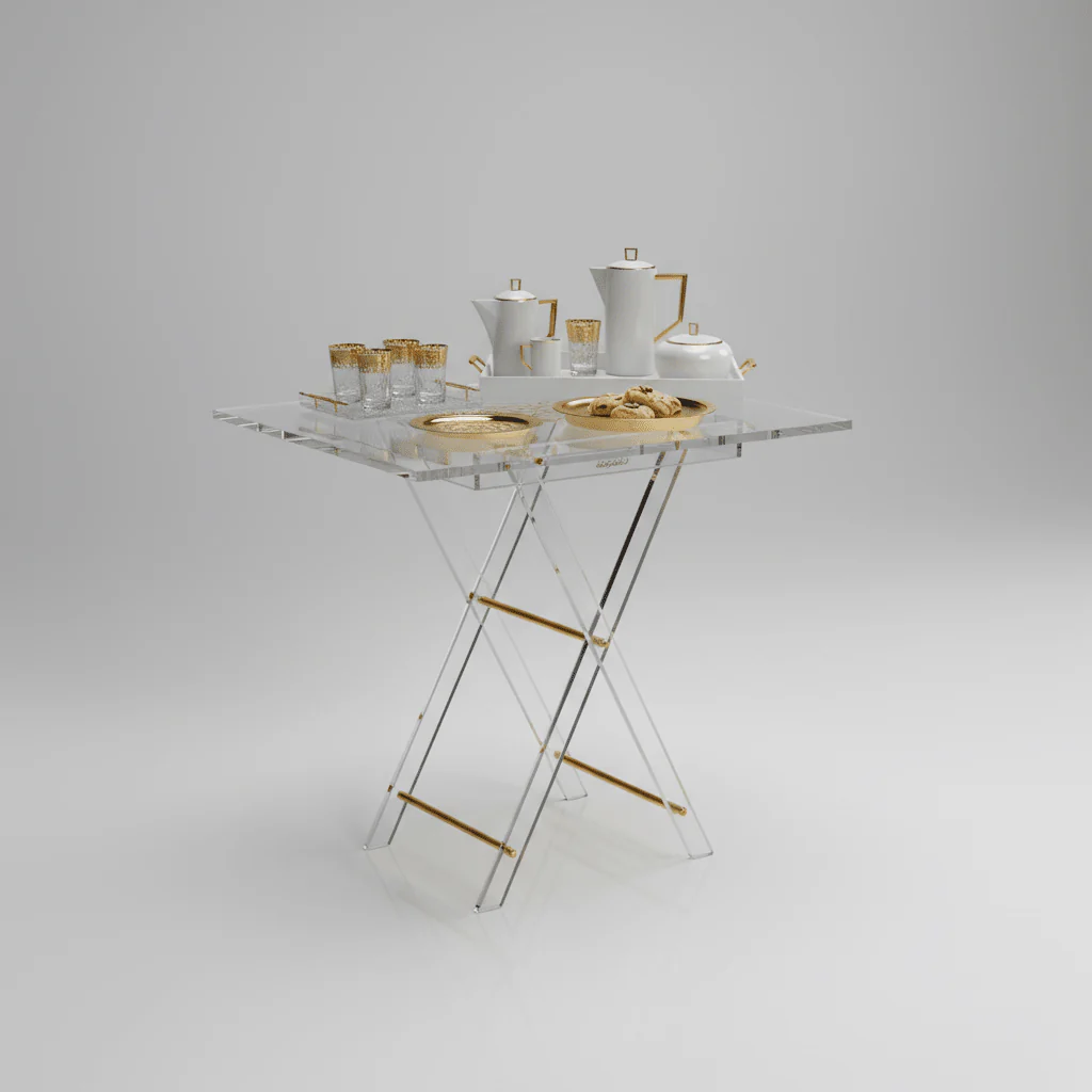 AKDC Rectangular Clear Acrylic Folding Table Set with Gold Frame Supports and Artistic Arabic Calligraphy Detail Premium 4-Piece Set 50x40x47 cm - Image 2