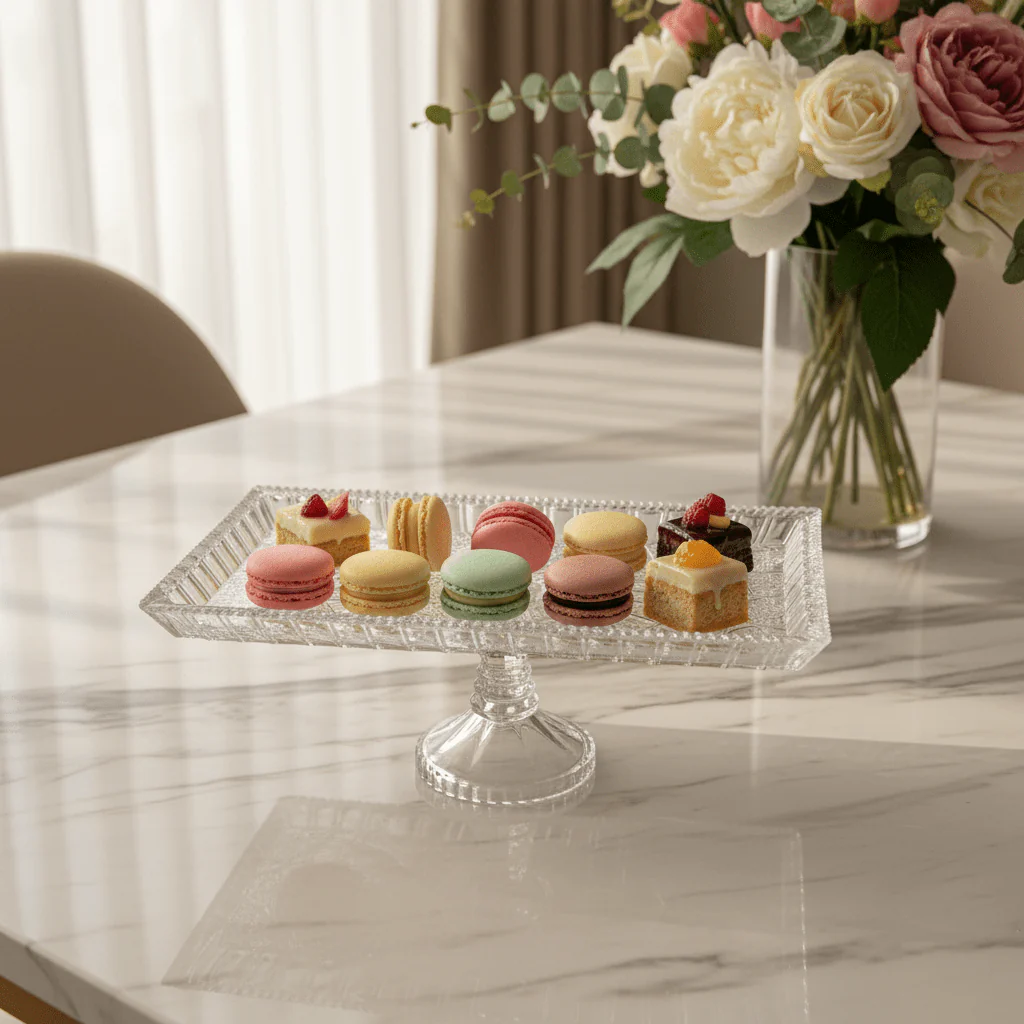 AKDC Rectangular Glass Footed Serving Tray – Modern Serving Tray for Dining & Party Presentation – 30×15 cm - Image 2