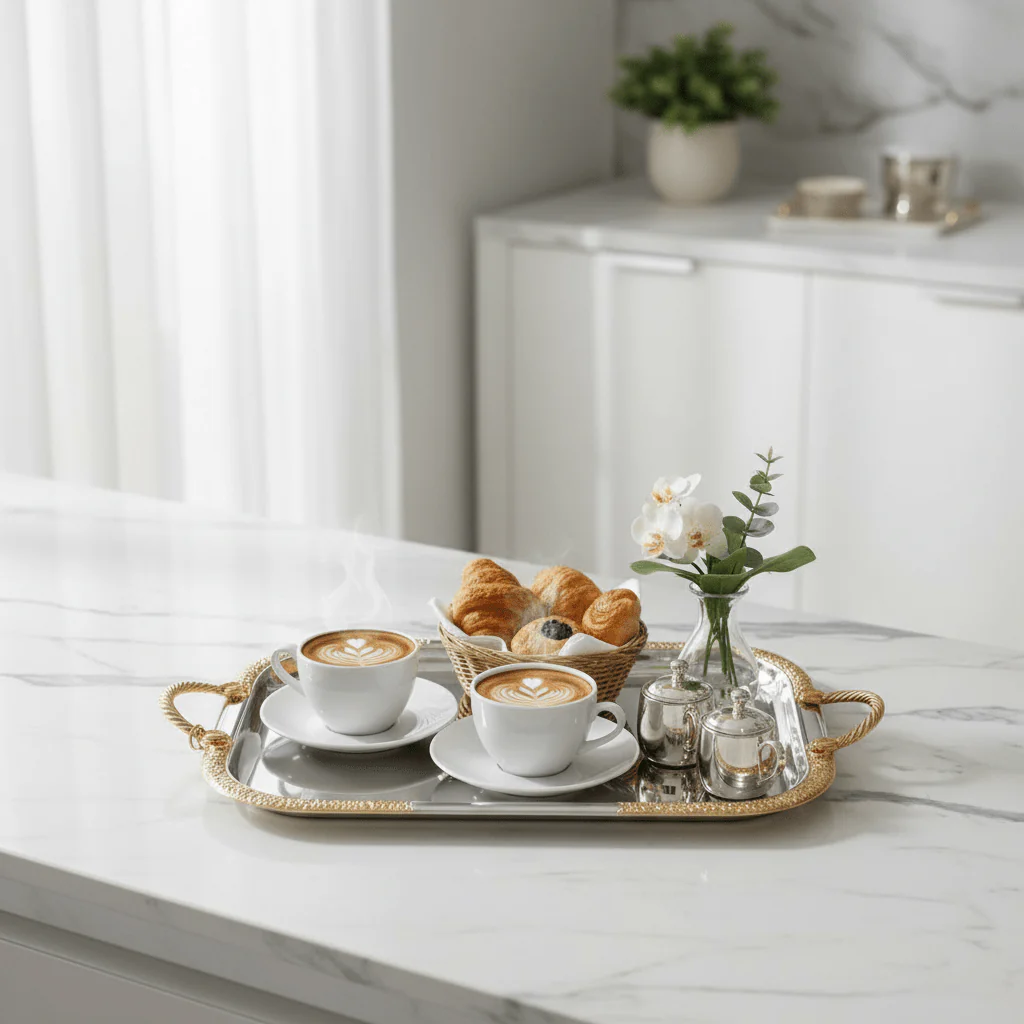 AKDC Rectangular Stainless Steel Serving Tray with Elegant Golden Border and Handles, Durable Multipurpose Tea, Coffee & Food Serving Tray for Home, Kitchen & Restaurant – 38 × 30 cm - Image 2