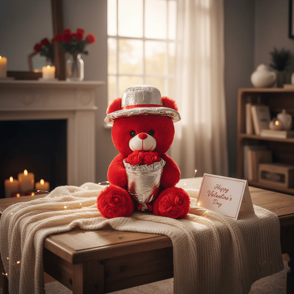 AKDC Red Color Teddy Bear Soft Plush Toy with Decorative Flower Bouquet – 40 cm Gift Stuffed Animal - Image 2