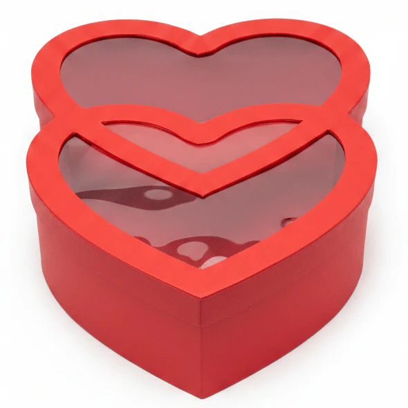 AKDC Romantic Red Double Heart-Shaped Cardboard Gift Box with Clear Plastic Cover for Chocolates, Jewelry & Valentine Gift Packaging – 32×22×10 cm