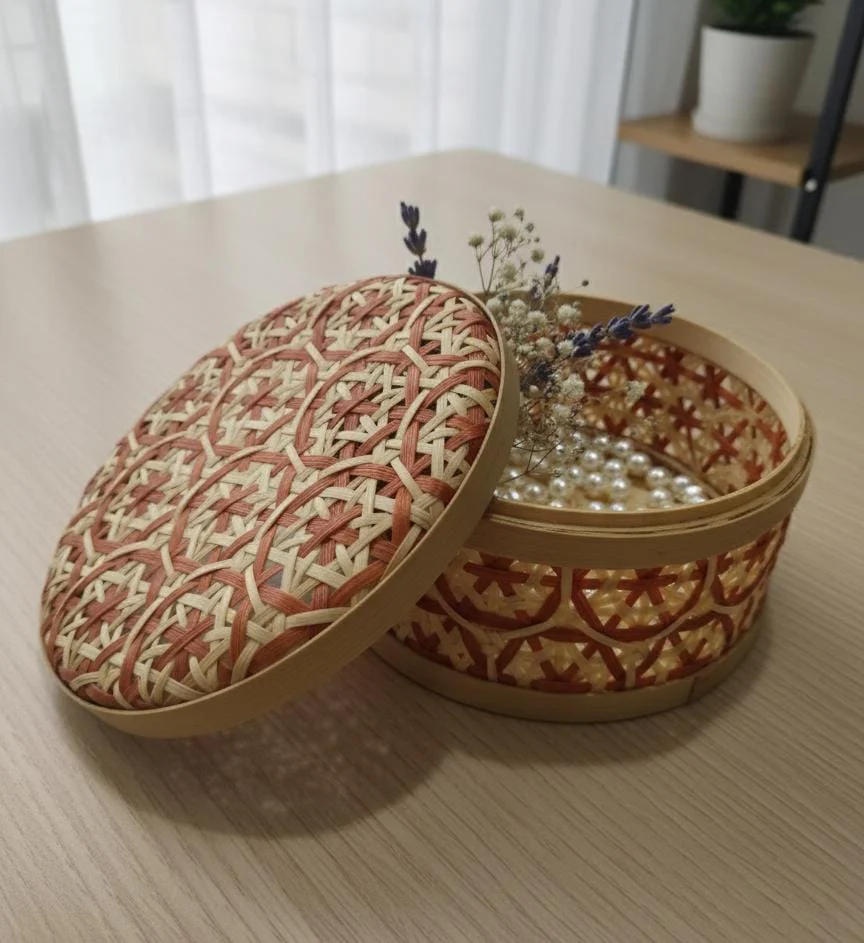 AKDC Round Bamboo Mesh Basket with Lid 20 cm – Brown & Cream Handwoven Food Cover - Image 2