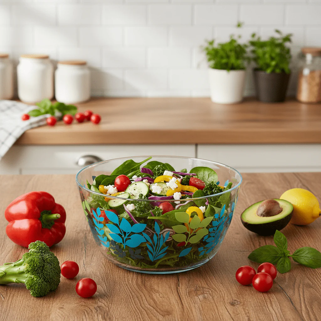 AKDC Round Clear Acrylic Salad Bowl with Floral Design for Serving Salads, Fruits and Snacks – Elegant Dining Presentation 23 × 12 cm - Image 2