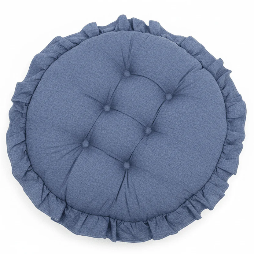 AKDC Round Cotton Linen Blend Denim Blue Seat Cushion Breathable Comfortable Chair Pad for Home Seating 35 cm