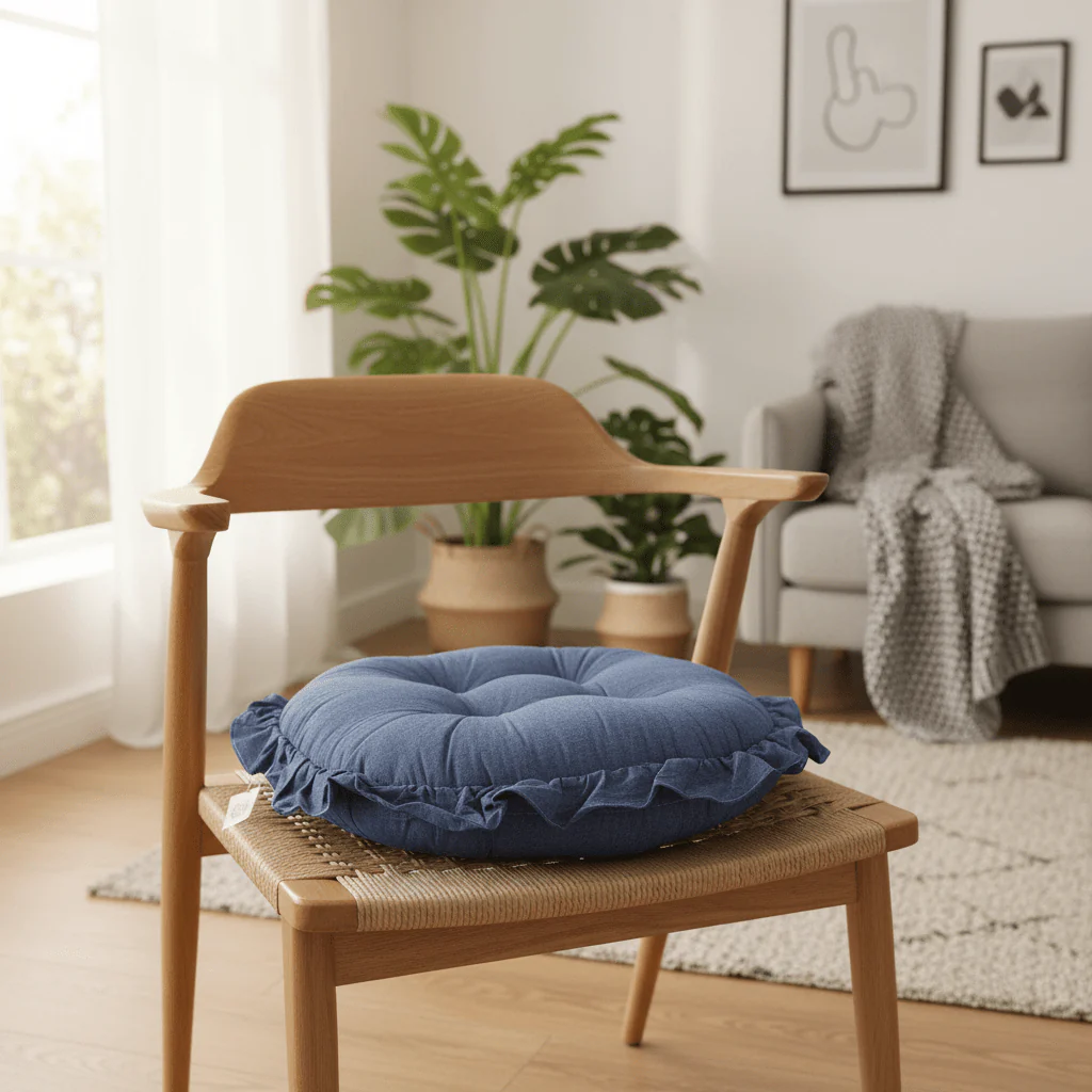 AKDC Round Cotton Linen Blend Denim Blue Seat Cushion Breathable Comfortable Chair Pad for Home Seating 35 cm - Image 2