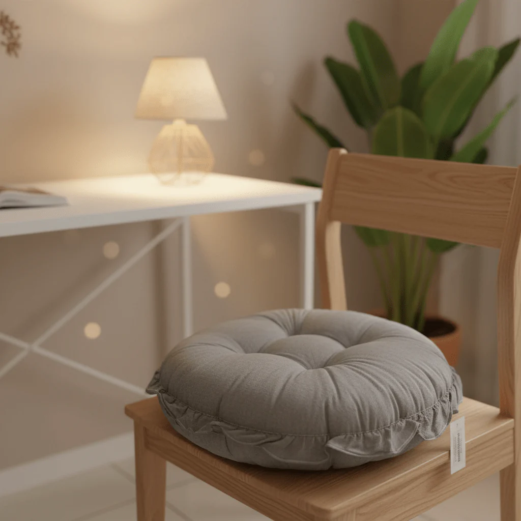 AKDC Round Cotton Linen Blend Light Heather Grey Cushion Soft Neutral Chair Pad for Home and Office Seating 35 cm - Image 2