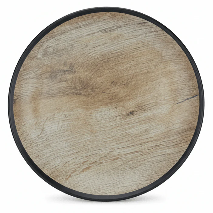 AKDC Rustic Wood Print Black Round Melamine Soup Plate 8.5 Inch Compact Plate for Daily Use