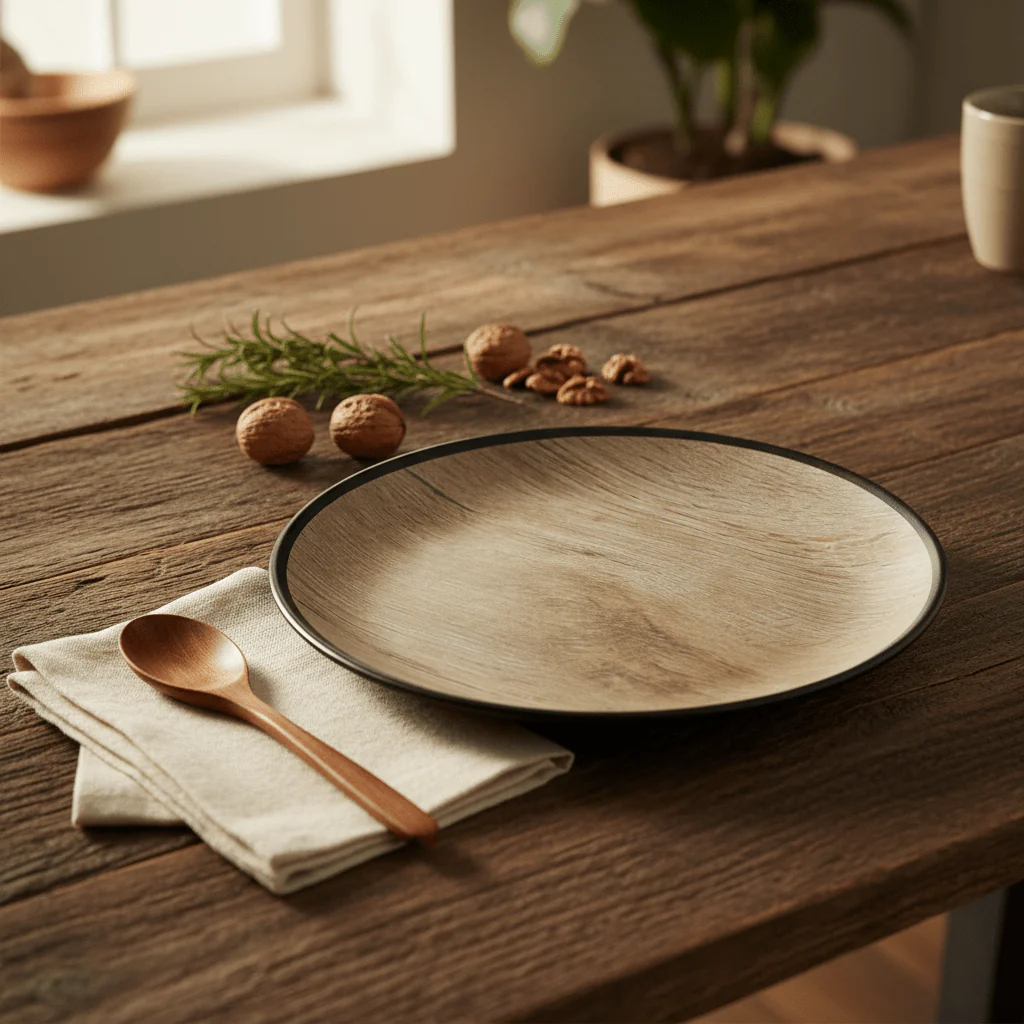 AKDC Rustic Wood Print Black Round Melamine Soup Plate 8.5 Inch Compact Plate for Daily Use - Image 2