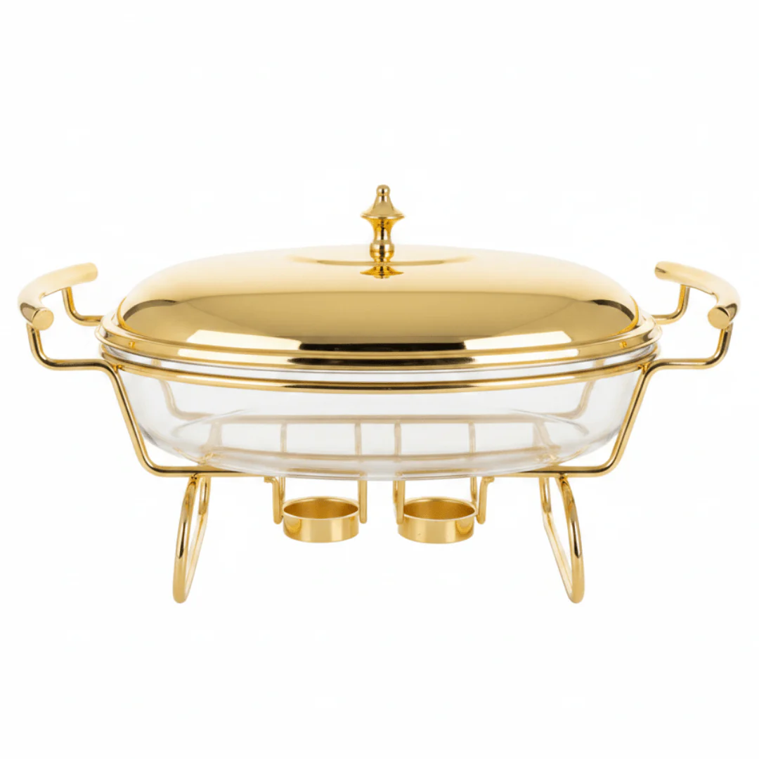 Oval Glass Food Warmer with Luxury Gold Stand and Clear Lid – High-End Dining Display (30×21 cm)