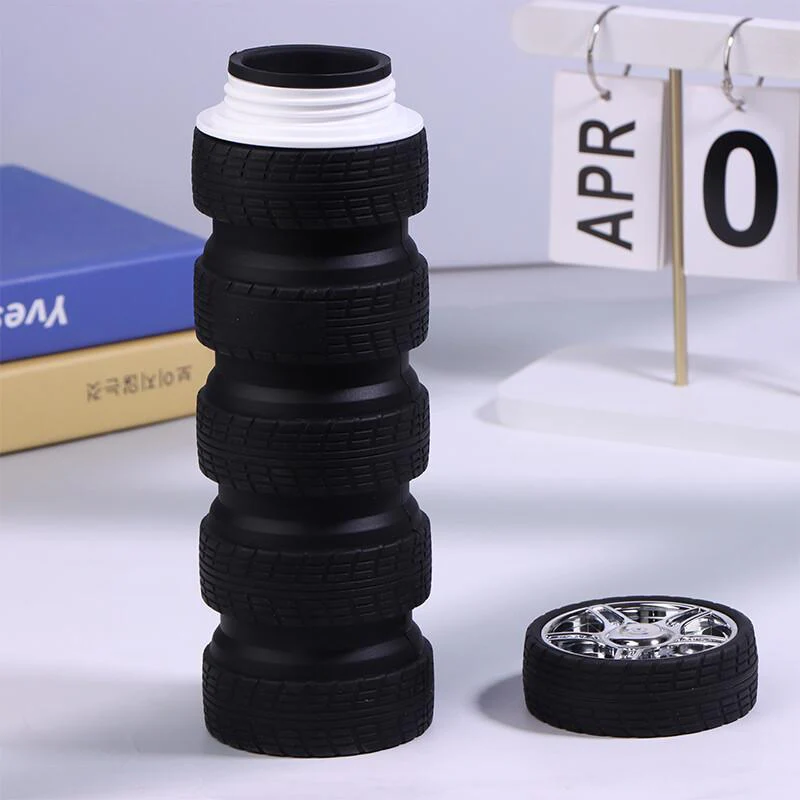 AKDC Silicone Expandable Water Bottle 1000ml, Wheel Shaped, Black - Image 5