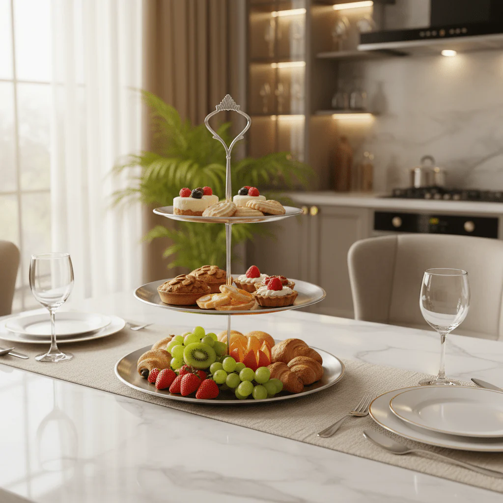 AKDC Silver 3 Tier Dessert Serving Stand Modern Multi Level Display Rack for Cakes and Pastries 35 cm - Image 2