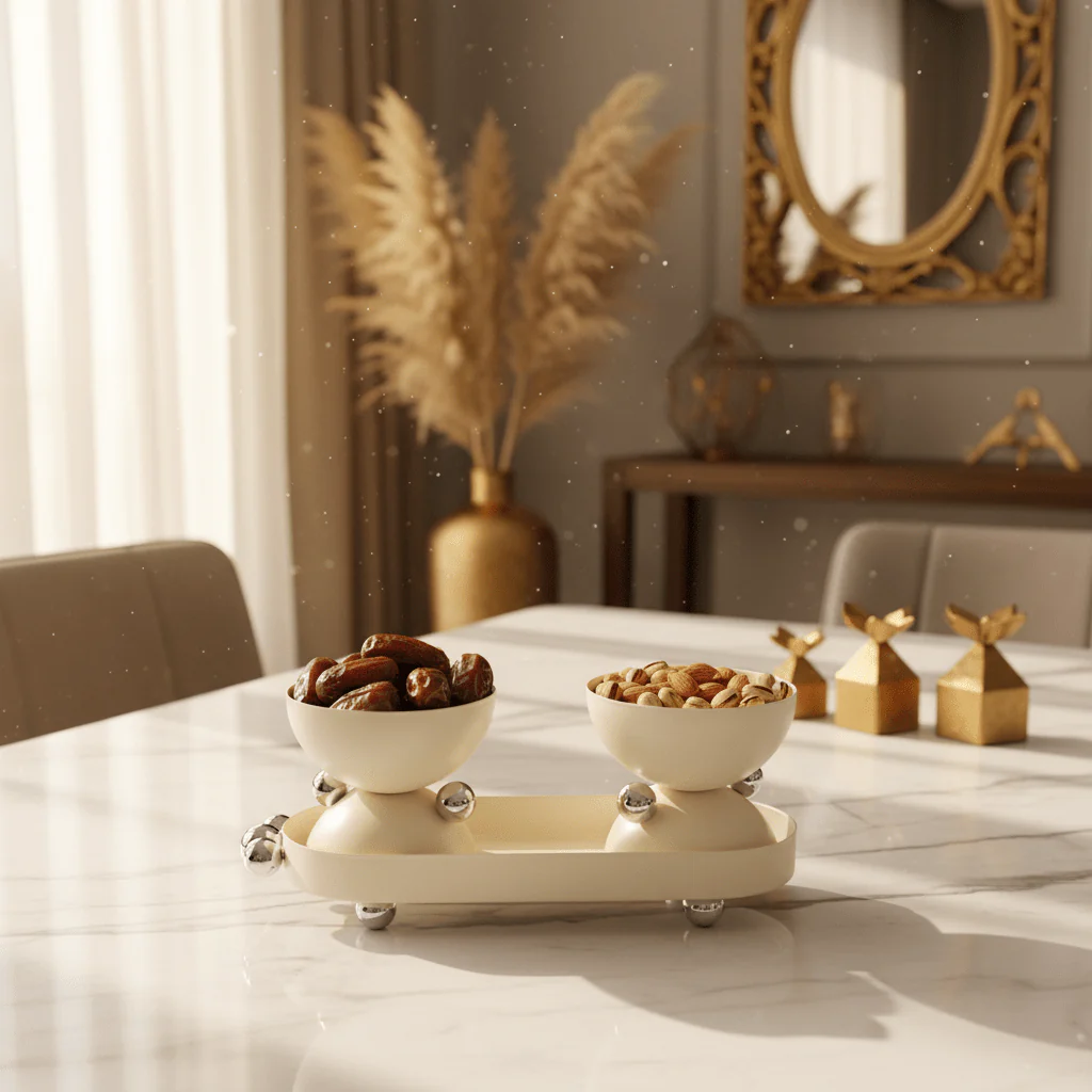 AKDC Silver & Cream Round Candy Pot with Matching Serving Tray – Premium Decorative Set for Sweets Dates & Desserts – Elegant Hosting Essential – 26x10 cm - Image 2