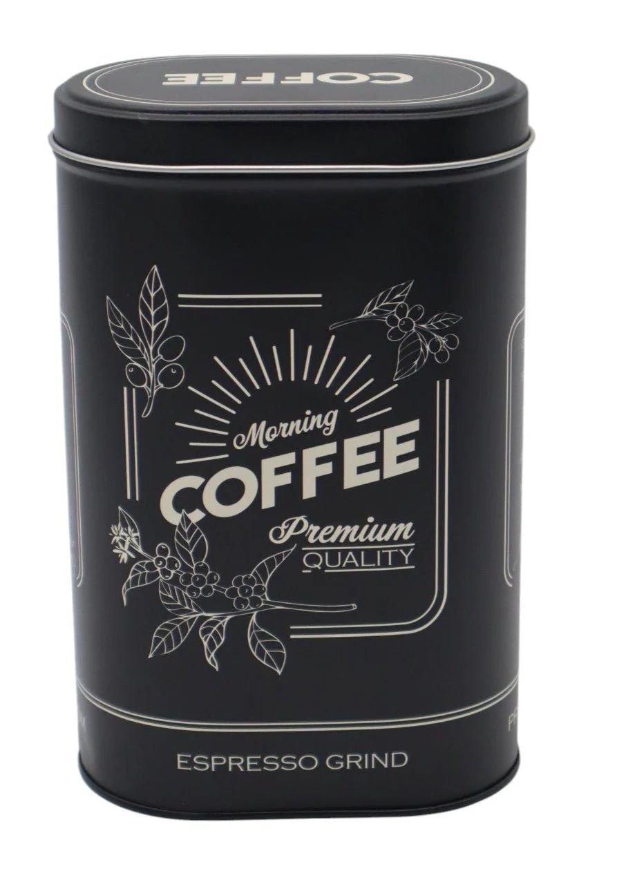 AKDC Small Oval Black Metal Coffee Canister with Coffee Logo – Compact and Stylish Storage Container, 19×12×7 cm