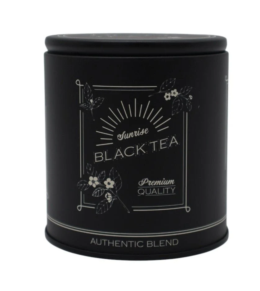 AKDC Small Round Black Metal Tea Canister with Distinct Black Tea Logo – Compact and Handy Storage Solution, 9×8 cm
