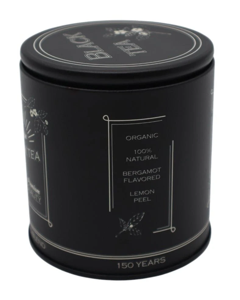 AKDC Small Round Black Metal Tea Canister with Distinct Black Tea Logo – Compact and Handy Storage Solution, 9×8 cm - Image 2