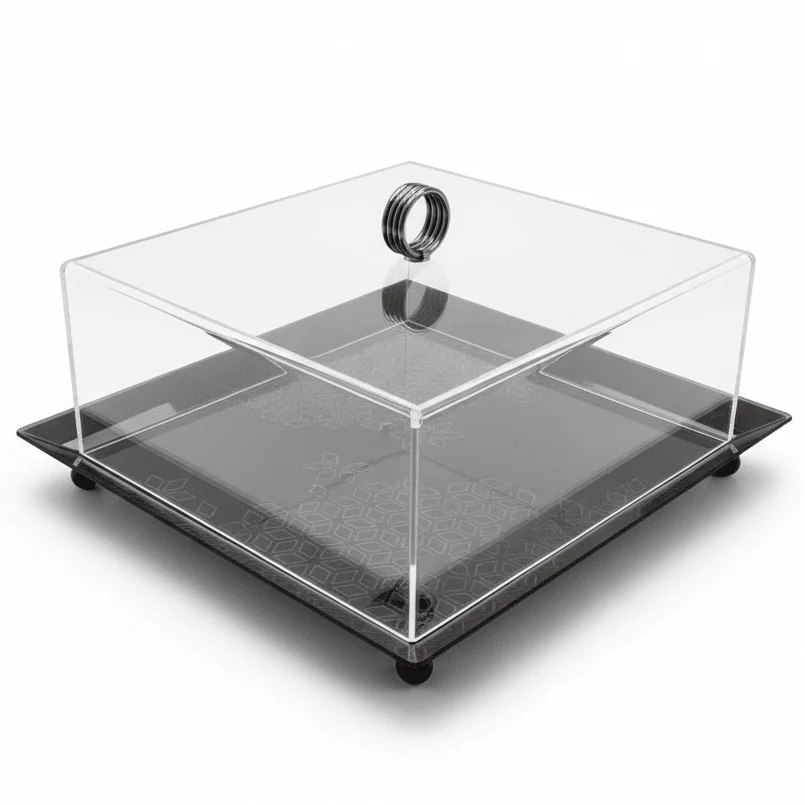 AKDC Square Black Metal Serving Tray with Transparent Acrylic Cover – Elegant Food Serving Tray 25 cm