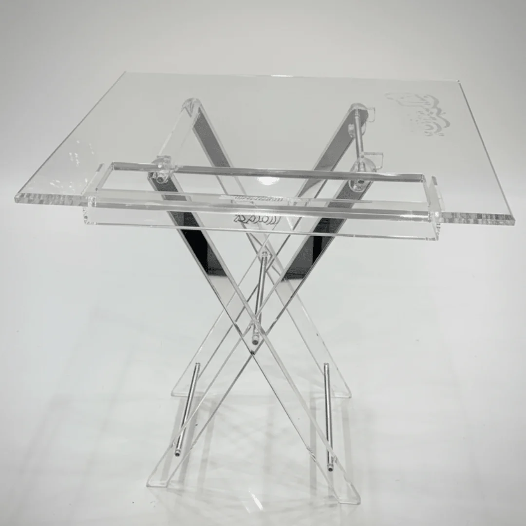 AKDC Square Clear Acrylic Foldable Table Set with Silver Metal Supports and Subtle Arabic Calligraphy Pattern Contemporary Design 50x40x47 cm