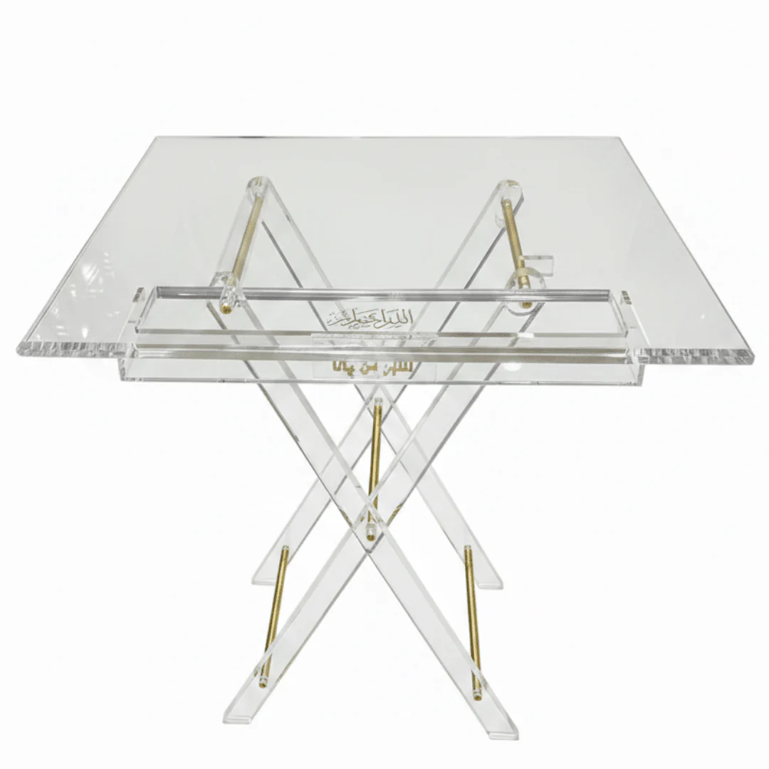 AKDC Square Clear Acrylic Folding Table Set with Gold Metal Support Bars and Arabic Calligraphy Design Elegant 4-Piece Collection 45x45x47 cm