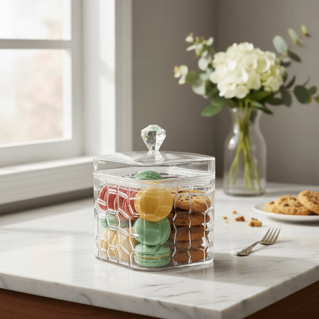 AKDC Square Diamond Cut Acrylic Storage Jar with Lid for Kitchen Counter Storage 12 × 12 cm - Image 2