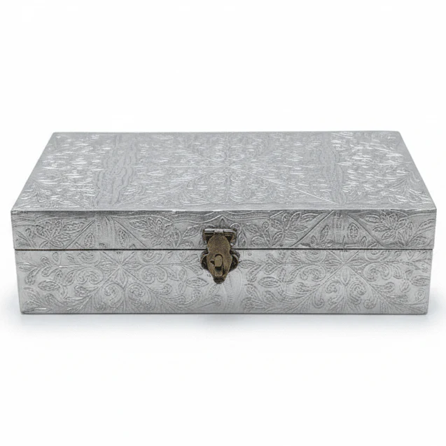 AKDC Square Silver Metal Jewellery Storage Box, Durable Decorative Organizer Case (23×23 cm)