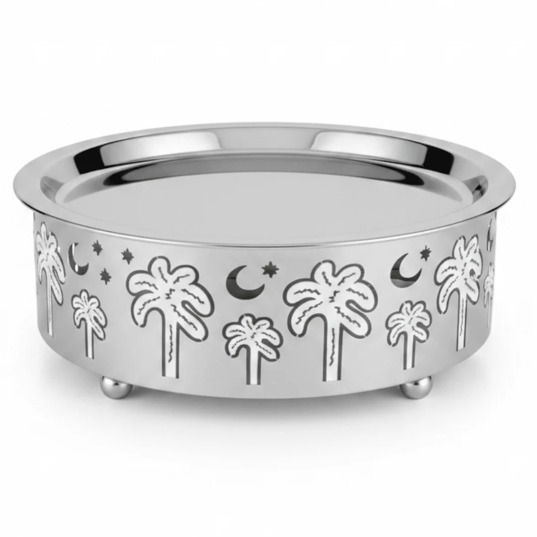 AKDC Stainless Steel Food Server with Palm Tree Design Base for Elegant Buffet & Table Serving – 30 × 10 cm