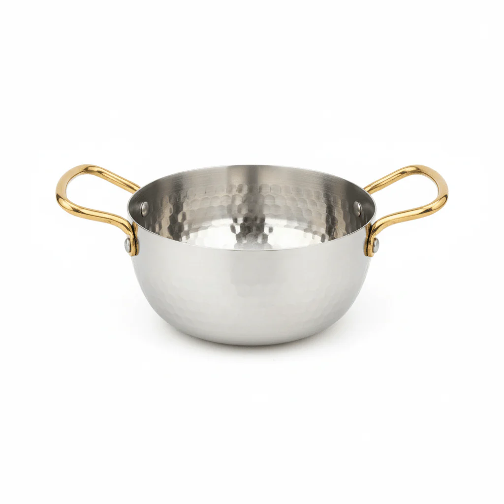AKDC Hammered Stainless Steel Round Soup Pot With Gold Handle -16cm