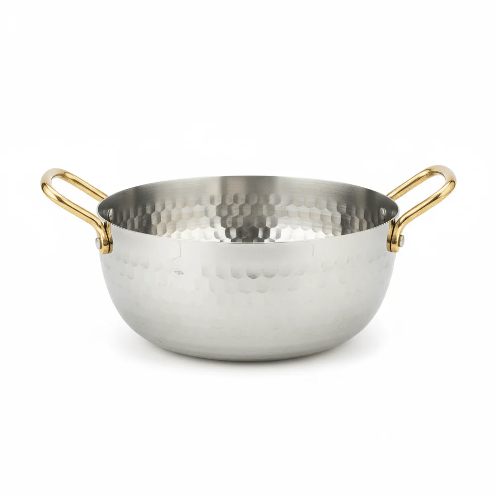 AKDC Hammered Stainless Steel Round Soup Pot With Gold Handle -20cm