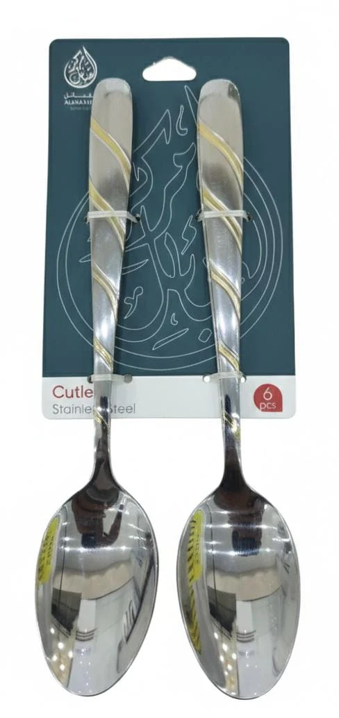 AKDC Stainless Steel Spoon Set – 6 Pcs, 15 cm,Silver With Gold Textured Handle Design 3