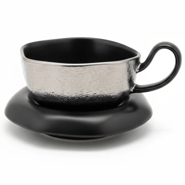 AKDC Stylish Silver Ceramic Cup with Modern Decorative Finish & Contrasting Black Saucer 200ml