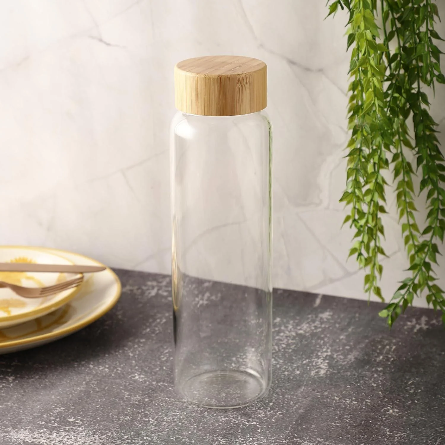 AKDC Transparent Glass Water Bottle with Wooden Lid 800ml - Image 2