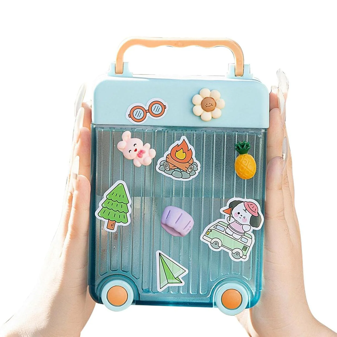AKDC Transparent Plastic Water Bottle 450ml with Stickers, Trolly Design, Blue/Orange - Image 2