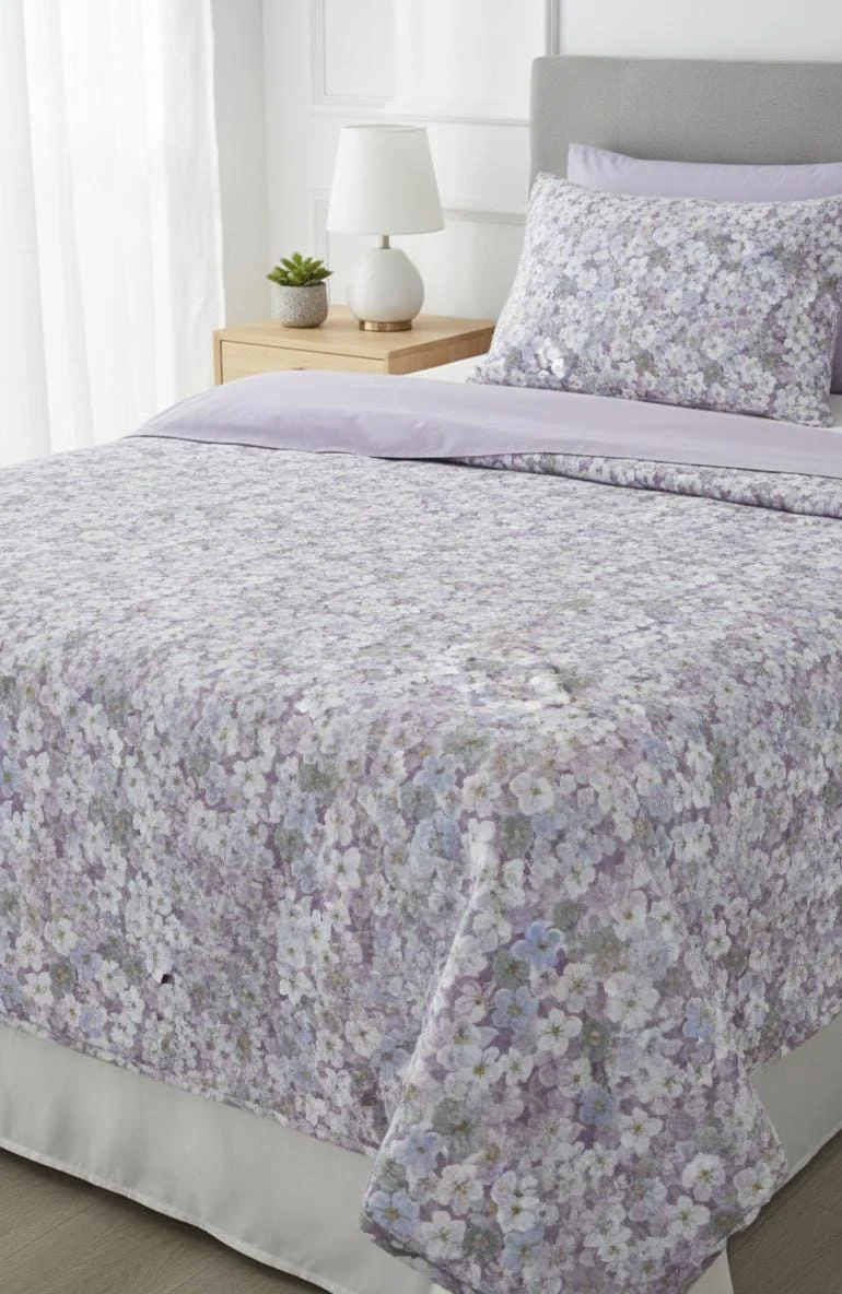 AKDC Violet Floral Poly-Cotton Quilt Cover Set 160x200cm with Matching Bed Sheet & Pillowcase