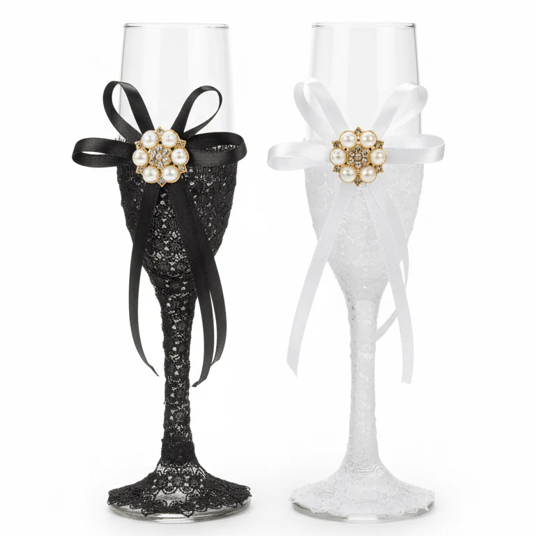AKDC Wedding Bride & Groom Champagne Flute Glass Set of 2 – Black & White Design