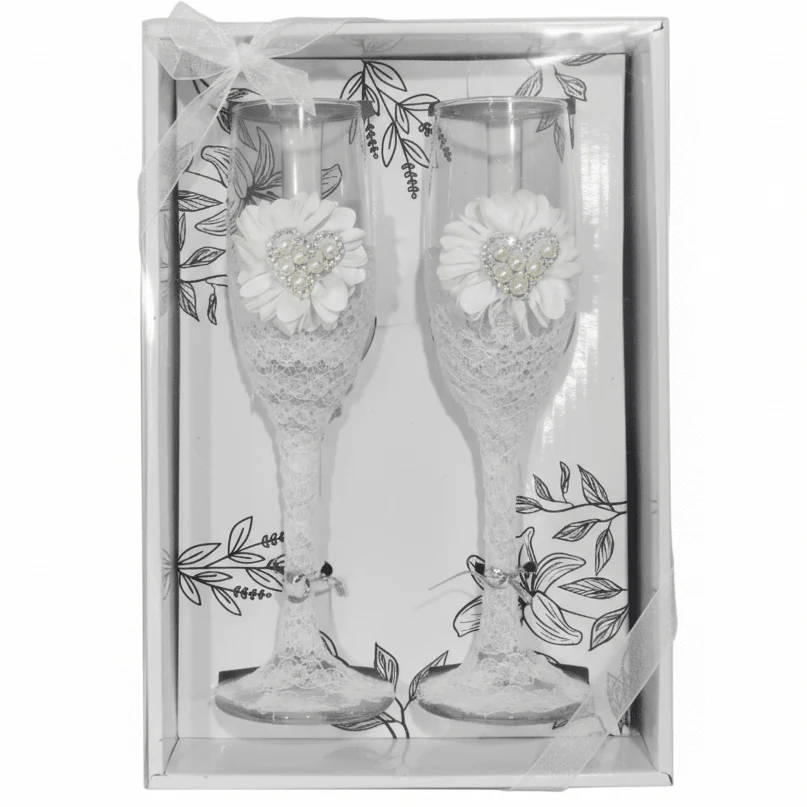 AKDC Wedding Bride & Groom Champagne Flute Glass Set of 2 – Elegant White Design