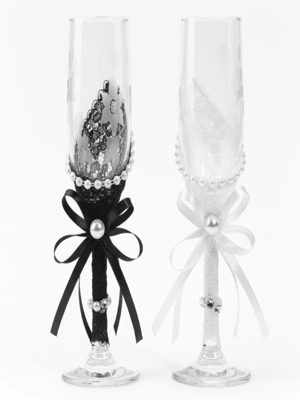 AKDC Wedding Bride & Groom Champagne Flute Glass Set of 2 – White & Black Design