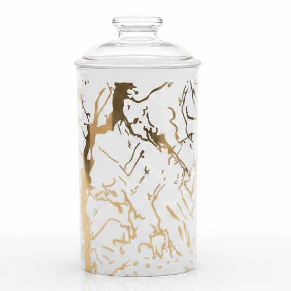 AKDC White and Gold Premium Acrylic Storage Canister with Lid for Modern Kitchen Storage 17 × 10 cm