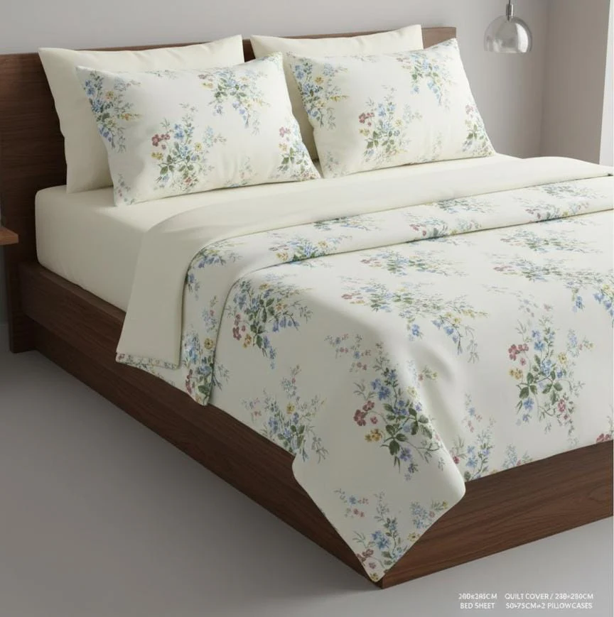 AKDC White Floral Poly-Cotton Quilt Cover Set 200x230cm with Matching Bed Sheet & 2 Pillowcases