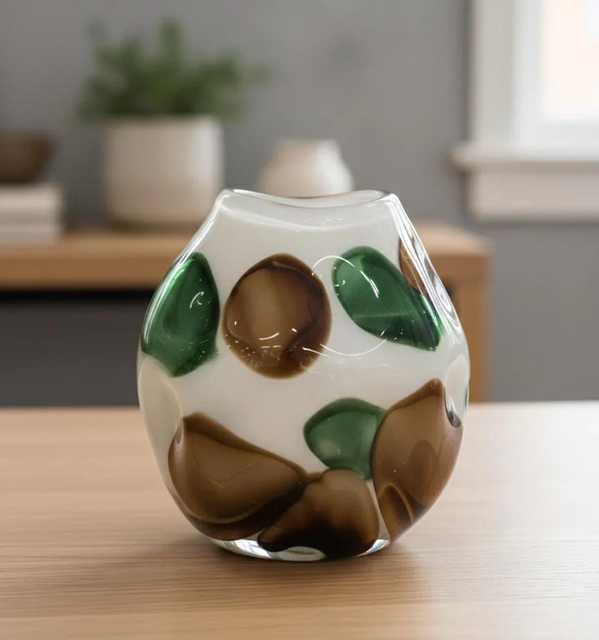 AKDC White Glass Vase with Green & Brown Artistic Accents – Designer Decorative Piece – 21×20 cm - Image 2