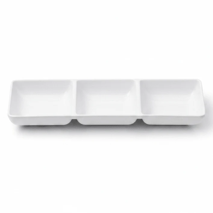 AKDC White Melamine Rectangle 3 Portion Sauce Bowl 3.5 Inch Triple Dip Bowl for Serving Variety Sauces