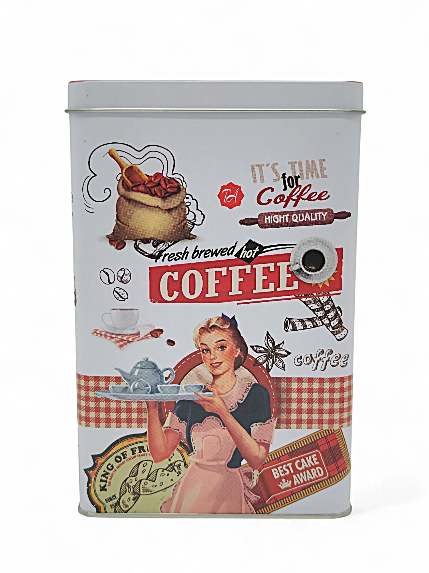 AKDC White Metal Canister – 19×12×8 cm, Coffee-Themed Design
