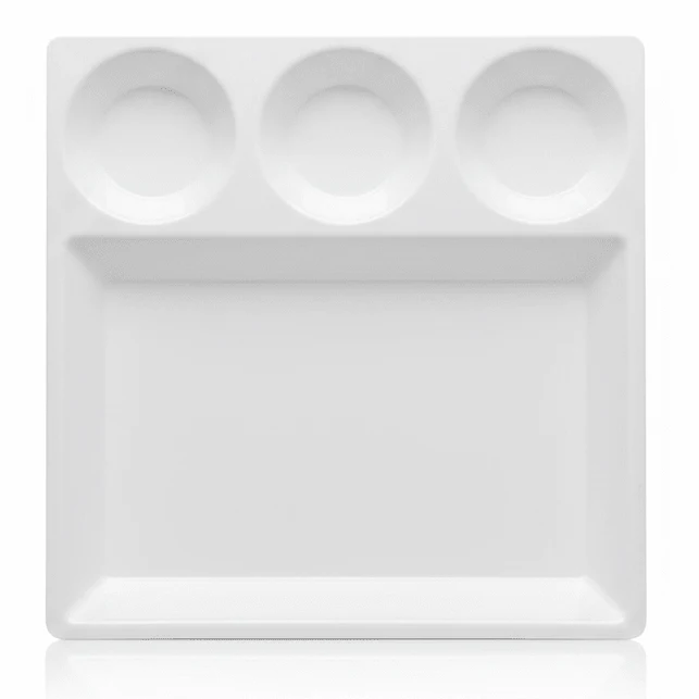 AKDC White Square Melamine 4 Portion Serving Plate 30 cm Multi Section Dining Plate for Home Kitchen and Restaurant Use