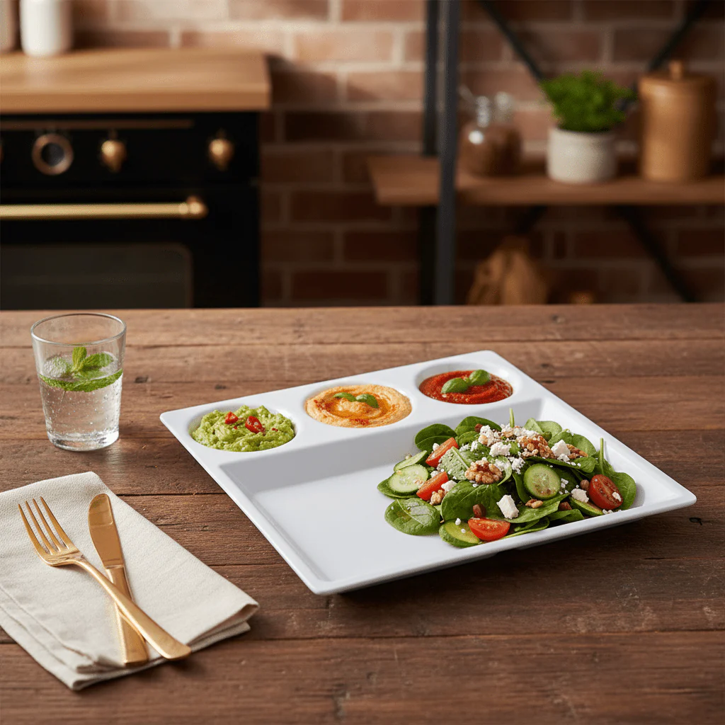 AKDC White Square Melamine 4 Portion Serving Plate 30 cm Multi Section Dining Plate for Home Kitchen and Restaurant Use - Image 2