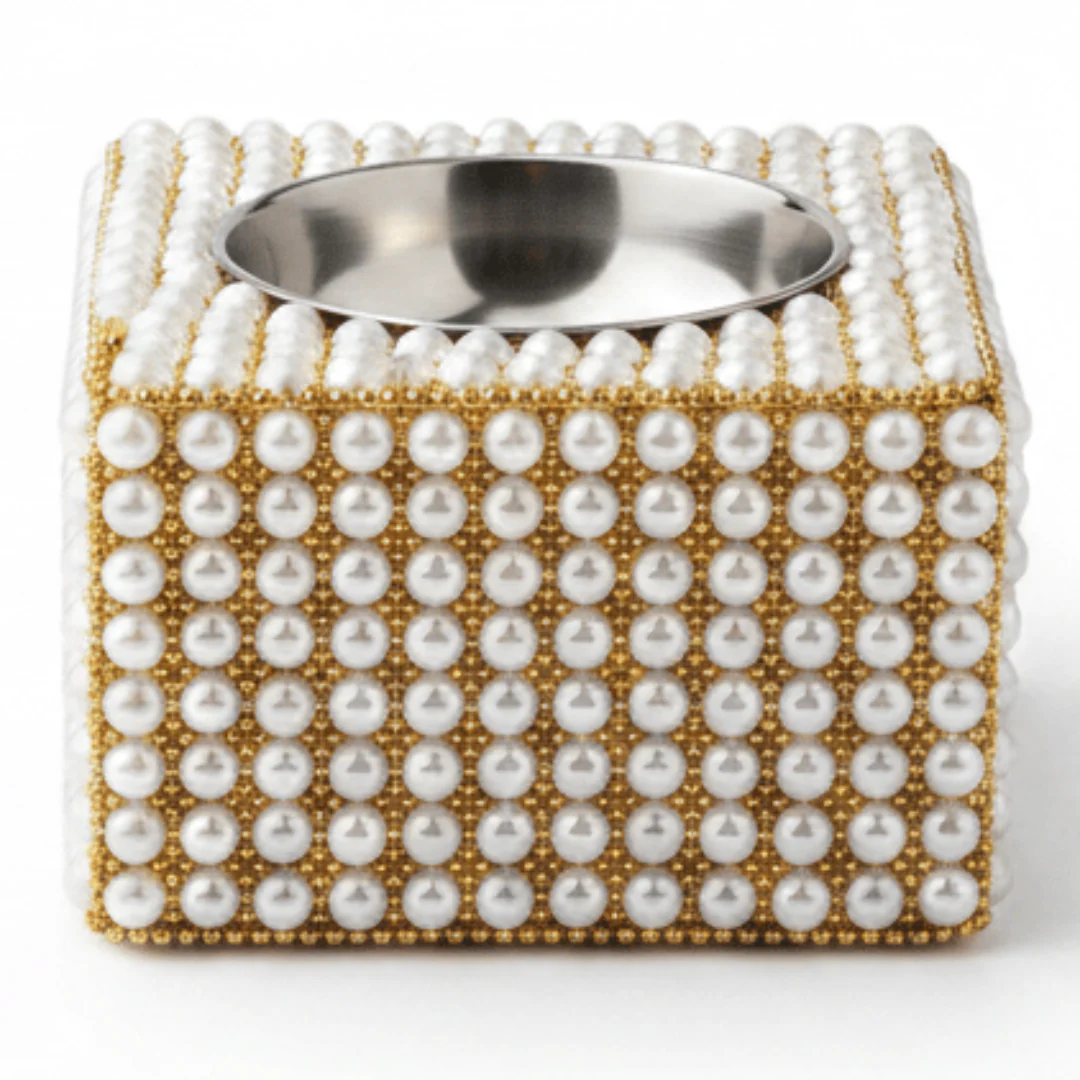 AKDC White Wooden Handcrafted Pearl Beaded Ashtray, Elegant Square Decorative Design (10×10 cm)