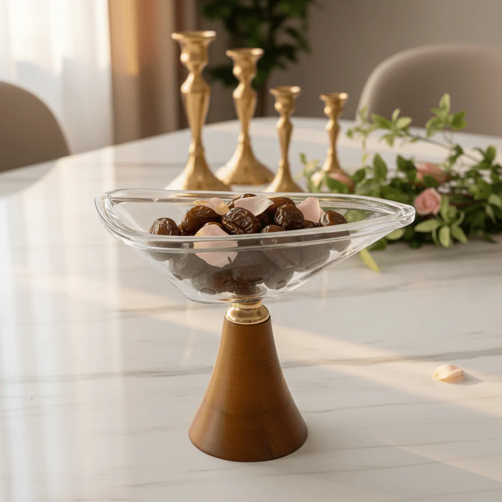 AKDC Wooden Base Footed Glass Fruit Bowl – Decorative Serving Centerpiece for Fruits Desserts & Table Display – 22 cm - Image 2