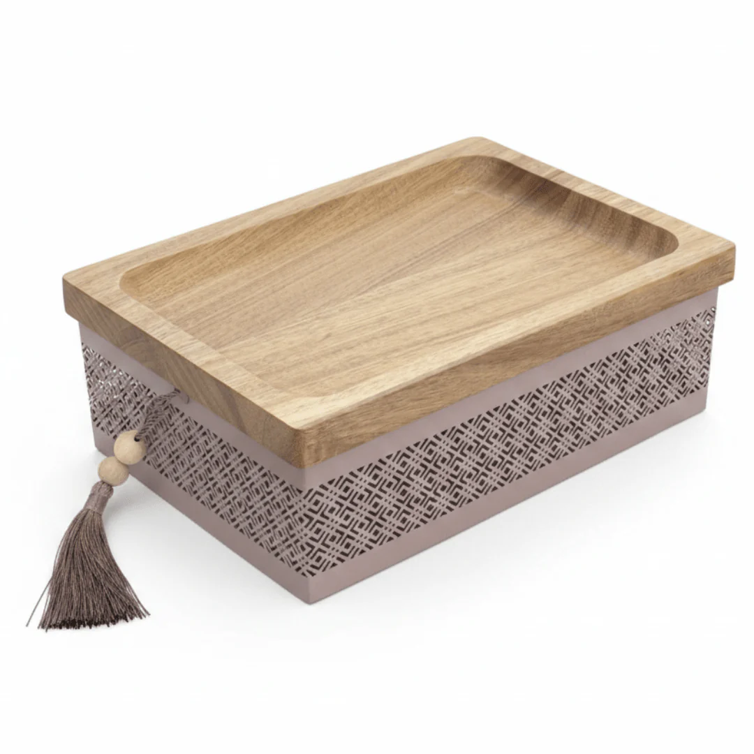 AKDC Rectangle Wooden Candy Tray with Mauve Taupe Metal Base – Rustic & Modern Dessert Serving Tray – 28 × 18 cm