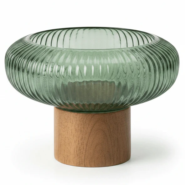 AKDC Wooden Footed Green Glass Candy Bowl for Serving Snacks, Dates & Decorative Use 15 × 15 cm