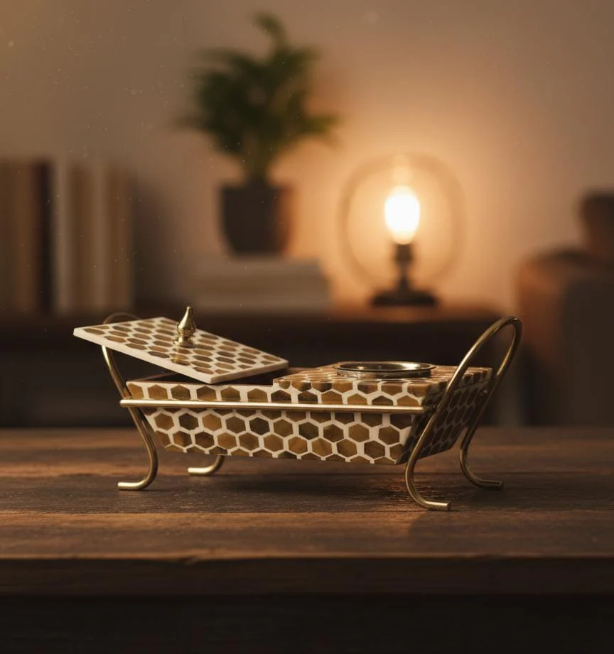 AKDC Wooden Incense Burner with Container & Metal Stand 34x15 cm – Premium Brown & Cream Aromatherapy Set for Living Room & Prayer Space - Image 2