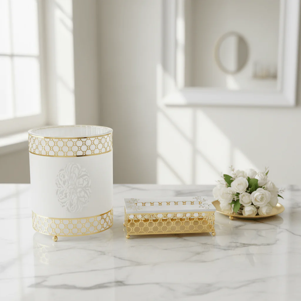Al Habbai Acrylic Dustbin with White and Gold Metal Base and Tissue Box Set – Luxury Decorative Design – 28 × 21 cm & 26 × 13 cm - Image 3