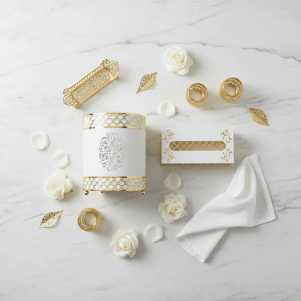 Al Habbai Acrylic Dustbin with White and Gold Metal Base and Tissue Box Set – Luxury Decorative Design – 28 × 21 cm & 26 × 13 cm - Image 4