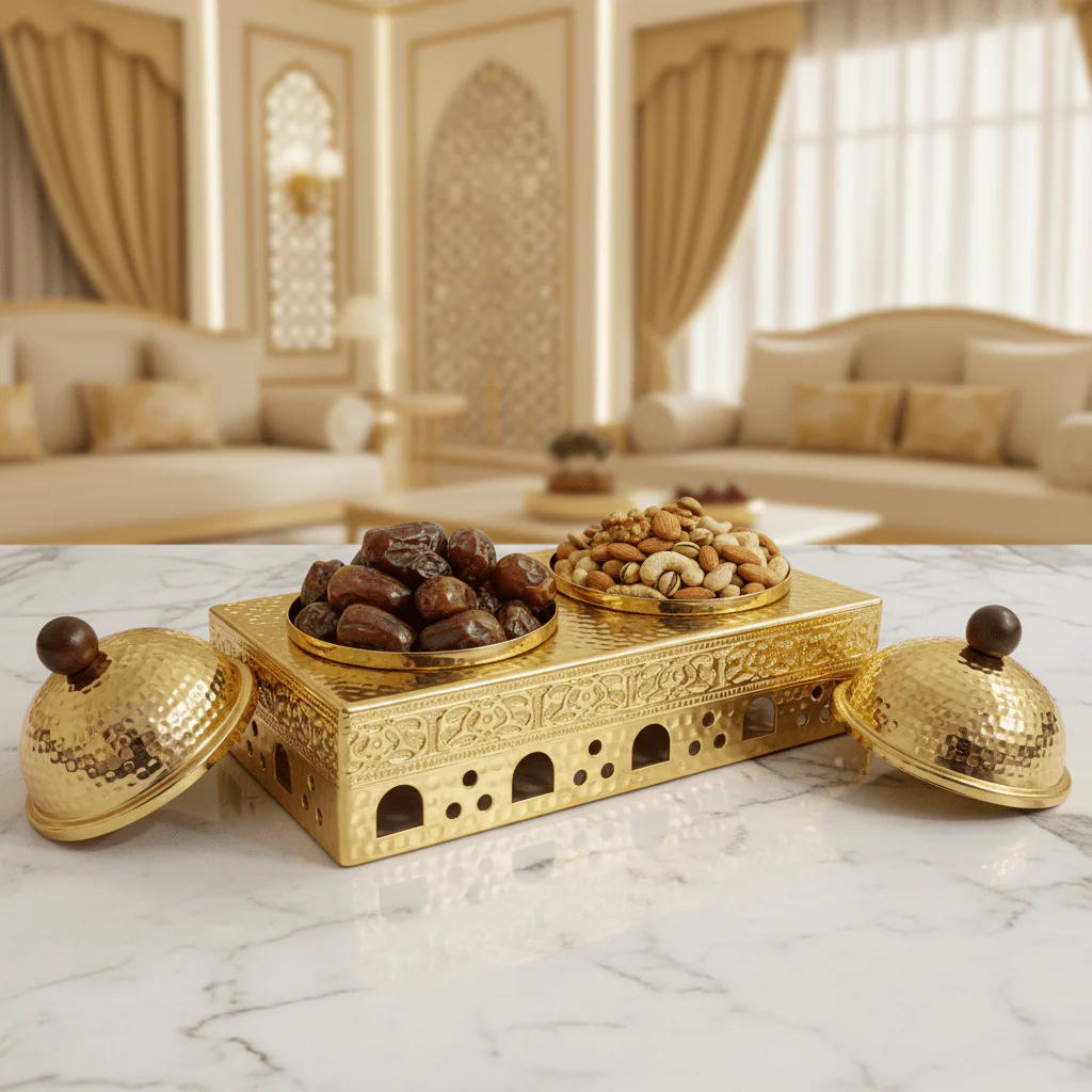 Almarjan 2-Piece Gold Candy Bowl Set with Metal Stand – Decorative Serving Set for Dry Fruits, Nuts & Sweets – 12.5 × 33 × 17 cm - Image 2